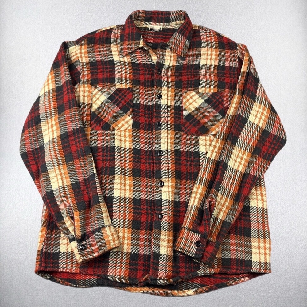 Sears Fieldmaster Flannel Mens Large Tall Red Orange Plaid Button Down Shirt